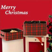 Red Plaid Foldable Storage Basket With Handles - Square Fabric Organizer For Toys, Closets & Home (European & American Style)
