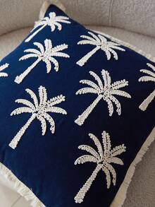 1pc Blue Embroidered Coconut Tree Decorative Throw Pillow Cover, Suitable For Indoor Decor, All Season, Pillow Insert Not Included
