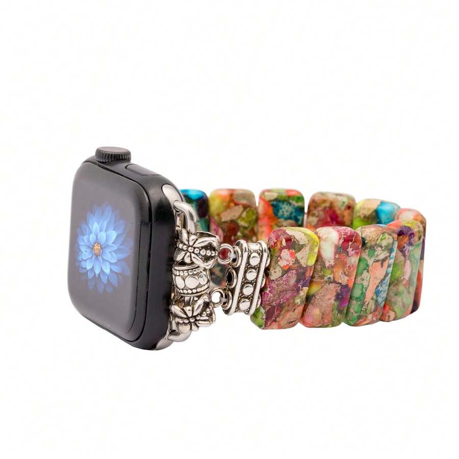 [Natural Stone Beaded Bracelet] Watch Handmade Natural Stone Beaded Bracelet - Vintage Elastic Solo Loop Strap With Jewelry Clasp - Colorful Marbled & Gemstone Design For Series 9/8/7/6/5/4/3/2/1 SE/Ultra, 41/40/37/42/44/45