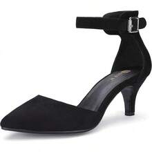 Women's IN3 D'Orsay Pumps Low Kitten Heels For Women Dress Shoes Pointed Closed Toe Wedding Bride Ankle Strap Dressy Silver Black Nude White Gold Heels For Women-2025 - 黑色絨面革 - 查看 1