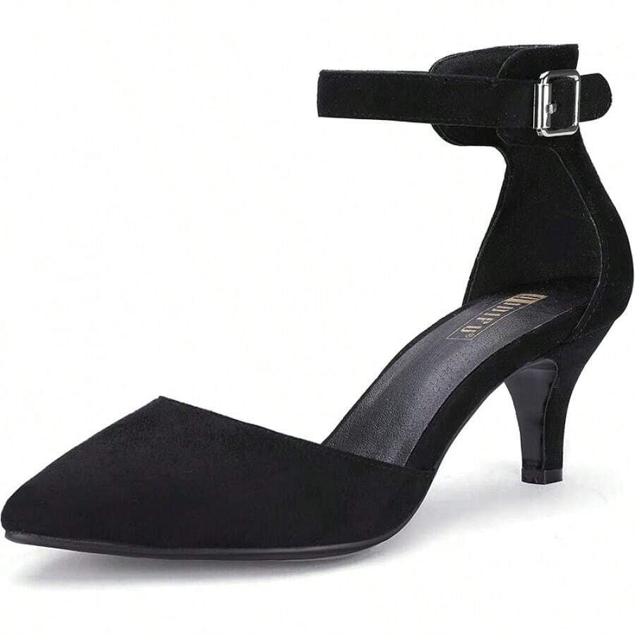 Women's IN3 D'Orsay Pumps Low Kitten Heels For Women Dress Shoes Pointed Closed Toe Wedding Bride Ankle Strap Dressy Silver Black Nude White Gold Heels For Women-2025 - 黑色絨面革 - 查看 1