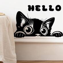 ملصق حائط قابل للإزالة بشكل قطة سوداء كرتونية مكتوب عليها "مرحبا"، مناسب لديكور غرفة النوم وغرفة المعيشة وديكور الحائط المنزلي