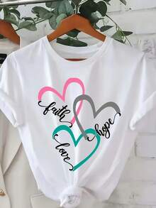 Camiseta suave y transpirable 100% para mujer - Blanco, casual, para todos los días y fiestas, con diseño de corazón pastel rosaceleste - Camiseta holgada con cuello redondo para todos los días, salidas, regreso a - Camiseta esencial para todos los días, ropa de salidas, diseño juguetón, tejido cómodo, camiseta de manga corta, amantes de la moda, camiseta versátil, camiseta ligera, camiseta impresa, mujeres conscientes de la moda - Blanco - Ver 2