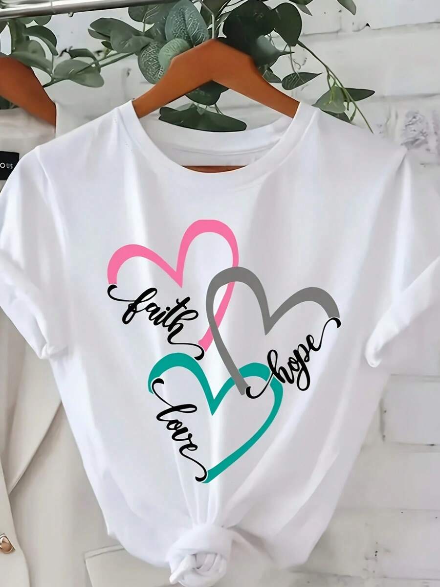 Camiseta suave y transpirable 100% para mujer - Blanco, casual, para todos los días y fiestas, con diseño de corazón pastel rosaceleste - Camiseta holgada con cuello redondo para todos los días, salidas, regreso a - Camiseta esencial para todos los días, ropa de salidas, diseño juguetón, tejido cómodo, camiseta de manga corta, amantes de la moda, camiseta versátil, camiseta ligera, camiseta impresa, mujeres conscientes de la moda