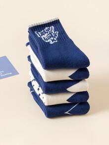 5 Pairs Kids/Toddler Boys' Crew Socks, White, Blue, Colorblock, Striped, Cartoon Letter, Ribbed, Warm, Suitable For Daily Wear, Gifts, Cute, Fashionable, Simple, Suitable For Students, Warm - Multicolor - View 7