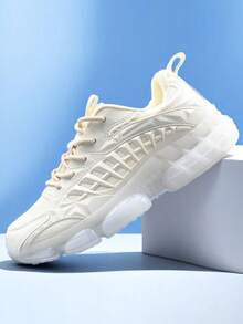 Men's Thick Sole Sneakers, Anti-Slip Durable Low-Top Round Toe Lace-Up Sports Shoes, Soft & Comfortable Knit Mesh Breathable Casual Running Shoes For Young Men, Suitable For Campus, Daily Commute And Leisure, Solid Color