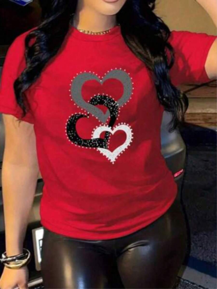 Playera camiseta gráfica dama mujer manga corta cuello redondo básica  cómoda fresca ligera fit regular moderna juvenil estampado corazon corazones imitación brillo strass