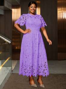 Plus Size Women Hollow Lace Floral Elegant A-Line Maxi Dress, Suitable For Party And Wedding - Màu tím - Xem 3