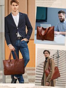 NEWHEY Men's Simple Handbag - PU Leather Shoulder Tote Bag, Fashionable Large Capacity Work Bag, Suitable For College Students, Office, Business Commute, Portable Shopping, Retro Style - Multicolor - View 7