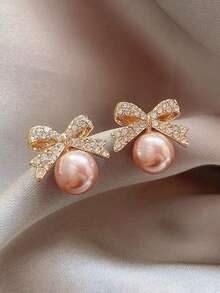 1 Pair Cute Faux Pearl Bow Floral Wreath Design Stud Earrings, Suitable For Girls, An Ideal Gift Choice - one-size - View 3