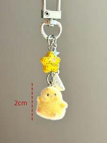 1pc Women's Flocked Cartoon Chick Keychain, Mini Star Cheese Pendant Accessory, Cute Earphone Bag Key Chain - Yellow - View 2
