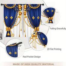 2pcs Window Curtains, Ornate Blue Curtains Adorned With Golden Bows, Tassels, And Intricate Patterns Create A Regal And Luxurious Display Against A White Background.Window Drapes For Bedroom Living Room, Rod Pocket Window Treatment