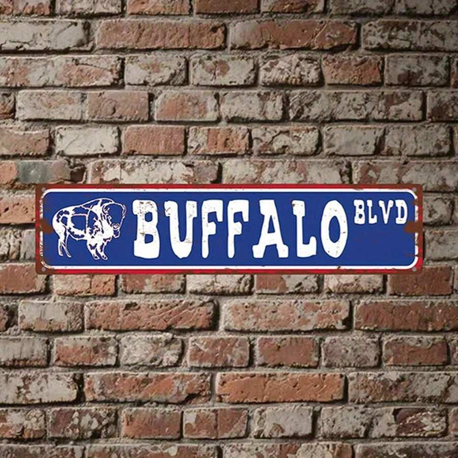 1pc "BUFFALO BLVD" Metal Wall Art Sign - 16"X10" UV-Printed Decorative Plaque For Home & Garden, Indoor/Outdoor Use, Indoor Wall Decor | Western Theme Decor | Durable Wall Sign, Metal Wall Art Deco