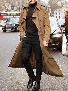 Men's  Daily Fashionable Casual Mid-Length Trench Coat, Street Style, Autumn/Winter, For Friends, Husband, Boyfriend Gifts - 卡其色 - 查看 2