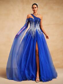 VIPGIRL Blue Sequin Patchwork Elegant Design Sheer Mesh Long Evening Dress, Graceful - Blue - View 5