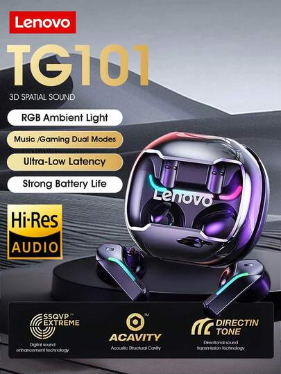  Lenovo True Wireless Earbuds、ゲーミングに最適化、低遅延、RGBライト、長時間バッテリー、Hi-Fiサウンドクオリティ、2025年新モデル TG101