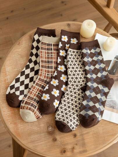 5 Pairs Plaid Socks - Women/Men Autumn/Winter Popular Retro Mid-Calf Socks, Ins Rhombus Pattern Soft Socks, British Style