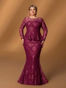 Faeriesty Mosy​ ​Elegant Plus-Size Mother Of The Bride Dress: Small Round Neckline, Flattering Long Sleeves, Dramatic Fish Tail Skirt, Chic 2 In 1 Design. Perfect For Formal Wedding Ceremonies, Black Tie Galas, Grand Evening Banquets, Upscale Anniversary Celebrations, Sophisticated Fundraising Balls.​​