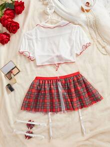 SOFUSEN 3 Pcs Women's Alluring Sleepwear Set,Sheer Mesh Short Nightdress With Plaid Mini Skirt And Garter Belt For Boudoir Loungewear And Cosplay Roleplay,  And Valentine's Day Gifts - 紅色 - 查看 2