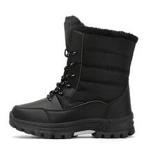 Botas de nieve hasta la pantorrilla para mujer, con forro térmico grueso, antideslizantes, de cordones y puntera redonda, negras, versátiles para el invierno