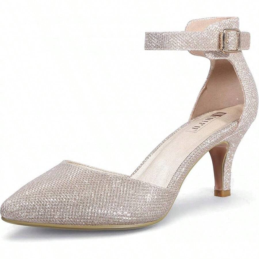 Women's IN3 D'Orsay Pumps Low Kitten Heels For Women Dress Shoes Pointed Closed Toe Wedding Bride Ankle Strap Dressy Silver Black Nude White Gold Heels For Women-2025 - 金色亮片 - 查看 1