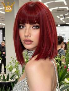 12英寸短款红色假发，带刘海，合成纤维材质 - 色彩鲜艳，自然逼真的波波头假发，适合女性，可调节发网，易于造型，完美适用于派对/日常佩戴/角色扮演，圣诞节礼物佳选 - 紅色 - 查看 12