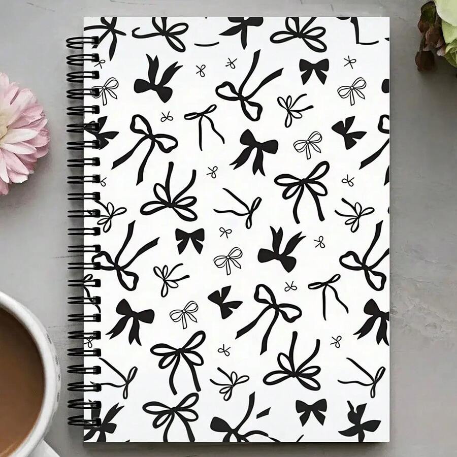 优雅的黑色蝴蝶结螺旋笔记本 - 高品质学院横格纸，5.5 英寸 X 8.3 英寸，非常适合学校、办公室或送礼，独特的蝴蝶结设计，非常适合学生、教师和专业人士，学校用笔记本 - A - 查看 1