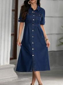Women's Mid-Length A-Line Denim Shirt Dress With Button Collar & Flap Pockets | Casual Streetwear Button-Up Dress For Everyday Versatility - Rửa tối - Xem 7