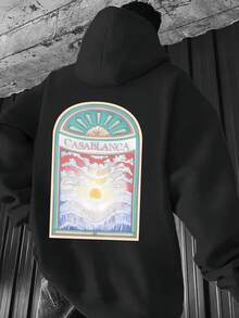 Sudadera Casual Verde Oliva para Hombre con Estampado  - Diseño de Atardecer y Nubes, Capucha con Cordón, Bolsillo Canguro, Ajuste Holgado para Otoño e Invierno, Sudadera Gráfica Inspiradora, Ropa de Otoño Invierno |   Sudadera con gráfico de atardecer |   Sudadera de ajuste cómodo - Negro - Ver 1