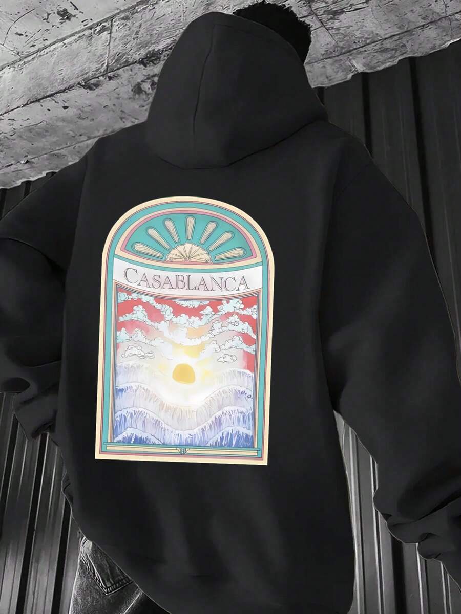 Sudadera Casual Verde Oliva para Hombre con Estampado - Diseño de Atardecer y Nubes, Capucha con Cordón, Bolsillo Canguro, Ajuste Holgado para Otoño e Invierno, Sudadera Gráfica Inspiradora, Ropa de Otoño Invierno | Sudadera con gráfico de atardecer | Sudadera de ajuste cómodo - Negro - Ver 1