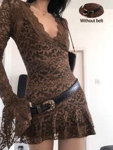 Spring & Summer New Women 2 Pieces Set Lace Splice Flare Sleeve Dress - Brown - View 4
