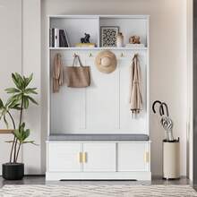 Zestaw szaf z ławką i półką na buty, wielofunkcyjna ławka ze schowkiem z 3 wieszakami i otwartą przestrzenią do przechowywania, prostokątna szafa z półkami do przedpokoju, kolor biały, wys. 190/szer. 120/gł. 40 - Biały + Płyta wiórowa - Zobacz 5
