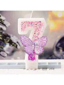 1pc Gradual Purple Butterfly Number Candle, Ideal Cake Topper For Girl Birthday Party, Dessert Table Decor With Blue Butterfly Theme And Insert Card Design, Back To School Valentine Day