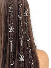 13pcs Cross And Skull Decorative Hair Rings, Dreadlock Beads Clips Hair Accessories Loc Hair Jewelry For Halloween Party Braids - Silver - View 4