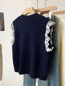 Chaleco sin mangas de punto con parches de encaje versátil para mujer, primavera - Azul Marino - Ver 4