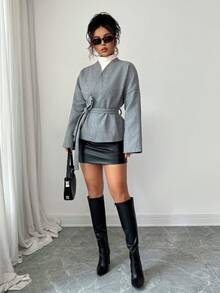 LilyHouse Women's Solid Color Elegant Daily Casual Office/Work Commute Overlap Collar Belted Drop Shoulder Long Sleeve Woolen Coats Fall/Winter Women Clothes