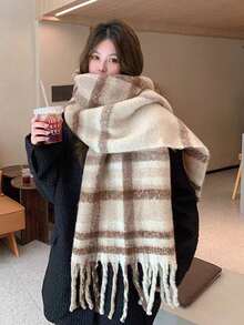 1 chiếc khăn choàng cổ kẻ caro tua rua dày mềm mại cỡ lớn mới 2025 dành cho nữ, cỡ lớn và ấm áp, thích hợp mặc vào mùa thu/đông để mặc váy - Nhiều màu - Xem 11