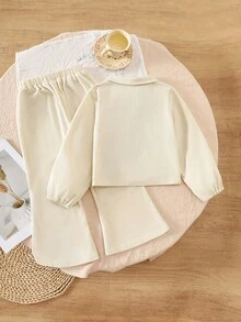 2pcs Girls Autumn/Winter Corduroy Fabric Fashion Embroidered Long Sleeve Collar Jacket Top + Flared Pants Casual Outdoor Suit