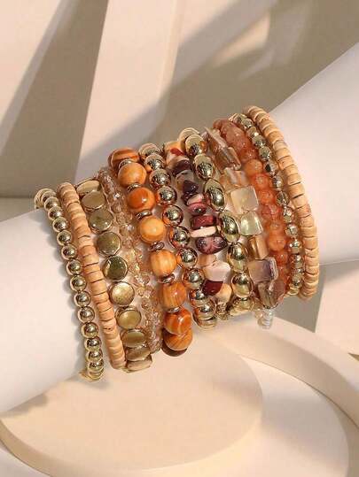 12pcs/Set Bohemian Style Brown Beaded Bracelets, Suitable For Women Vacation, Beach & Daily Wear