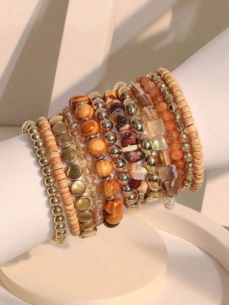 12pcs/Set Bohemian Style Brown Beaded Bracelets, Suitable For Women Vacation, Beach & Daily Wear - S-395 Màu hổ phách, hình tròn và phẳng - Xem 1