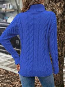 This Comfortable Regular Length Knit Pullover Is Designed For Women, Featuring A High Neck And Long Sleeves, Showcasing A Cable Knit Pattern With A Touch Of Stretch. - Blue - View 6