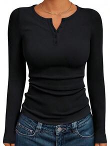 Womens Long Sleeve Shirts 2025 Henley Casual Fall Outfits Fitted Cotton Tops Ribbed Fashion Basic Tees