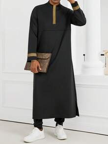 Kamisweat Muslim Men's Hooded Robe, Prayer Garment, Metal Decor Ribbon, Front Zipper, Side Pockets, Side Slits, Comfortable Long Dress For Vacation - Black - View 5