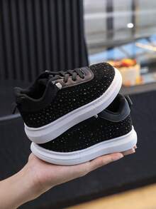 1 Pair Kids Autumn New Fashion Casual Slip-On Rhinestone Decorated Non-Slip Children Skate Shoes, Suitable For Small/Medium/Large Kids - Black - View 3