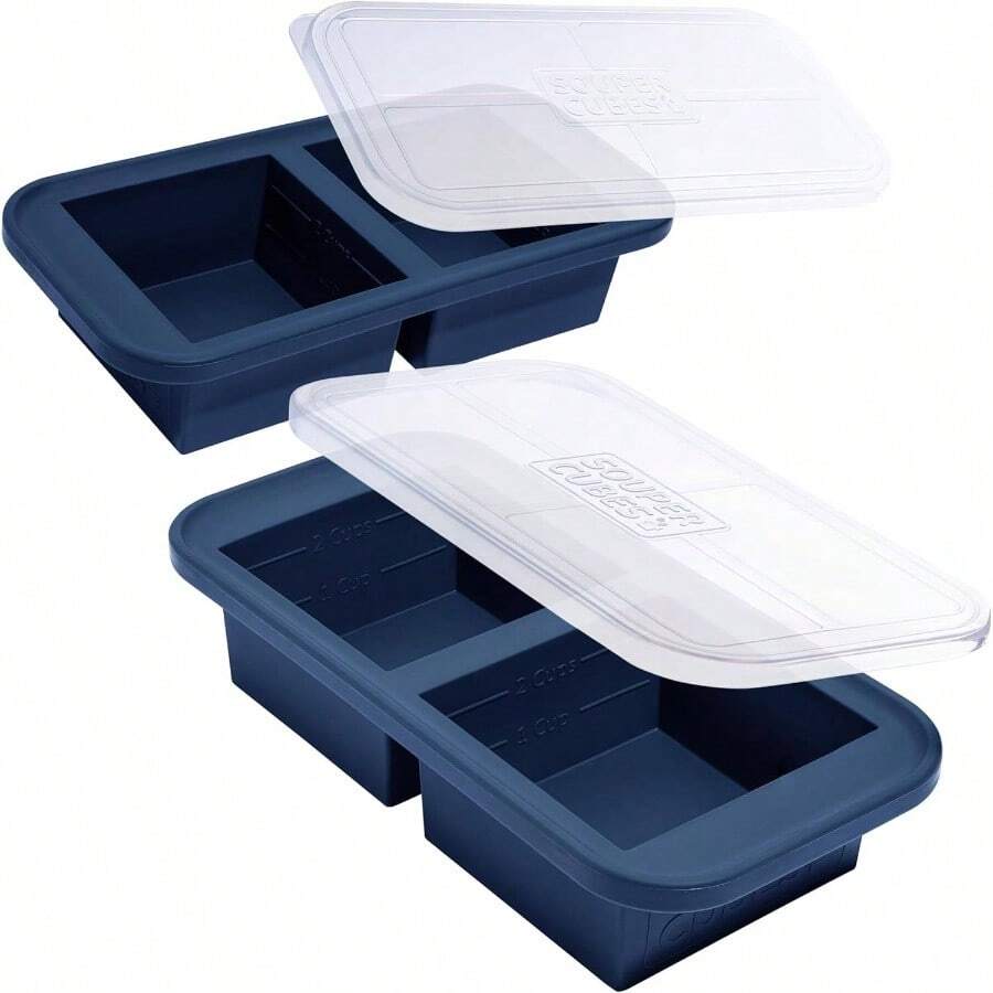 2 Cup Silicone Freezer Tray With Lids, Storing Lasagna, Leftovers, Sauces, Portioned Meals And More, Silicone Soup Freezer Molds Meal Prepping - Aqua - 2 - Pack - 藍莓+2個裝 - 查看 1