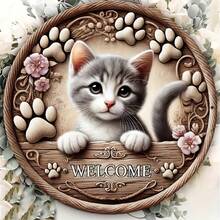 1pc Vintage Round Metal Welcome Sign - 2D Flat Wall Art With Cute Cat & Floral Design, Suitable For Indoor/Outdoor Use, Country Home Decor, Perfect Gift, Fits Home, Cafe, Apartment, Restaurant, Living Room, Outdoor Decor, Cafe Decor, Farmhouse Style, Durable Metal Plaque, 2D Flat - Multicolor - View 2