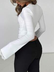 Y2k Flare Long Sleeve Crop Tops For Women Lace Trim Square Neck Low Cut Stretchy Blouses Slim Fit T Shirt Going Out Tops Party Clubwear Streetwear Spring Summer Fall Aesthetic Clothes - 白色 - 查看 5