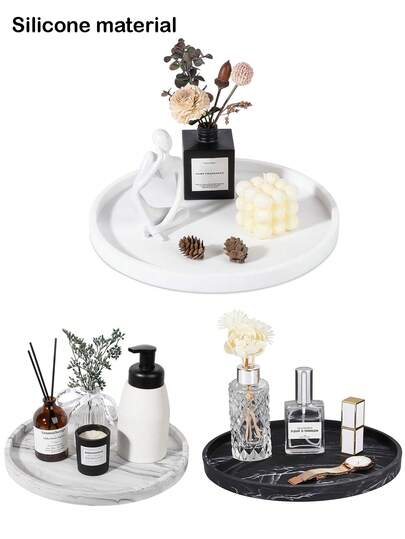圆形硅胶美容收纳展示托盘、梳妆台、浴室台面收纳托盘和珠宝架，用于存放化妆品、香水、护肤品、珠宝、蜡烛等。
