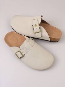 1 Pair Teenage Metal Buckle Decor Faux Suede Material Comfortable Slip-On Round Toe Low Heel Thick Soft Bottom Casual Slide Sandals, Suitable For Daily Wear