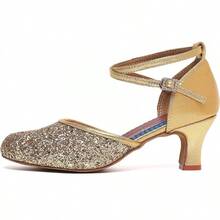 Character Shoes For Women, Woman Ballroom Dance Shoes, 1920s Flapper Shoes, Latin, Salsa, Party Dress Shoes Low Heels, Ankle Strap Pumps-2025 - 金色 - 查看 3